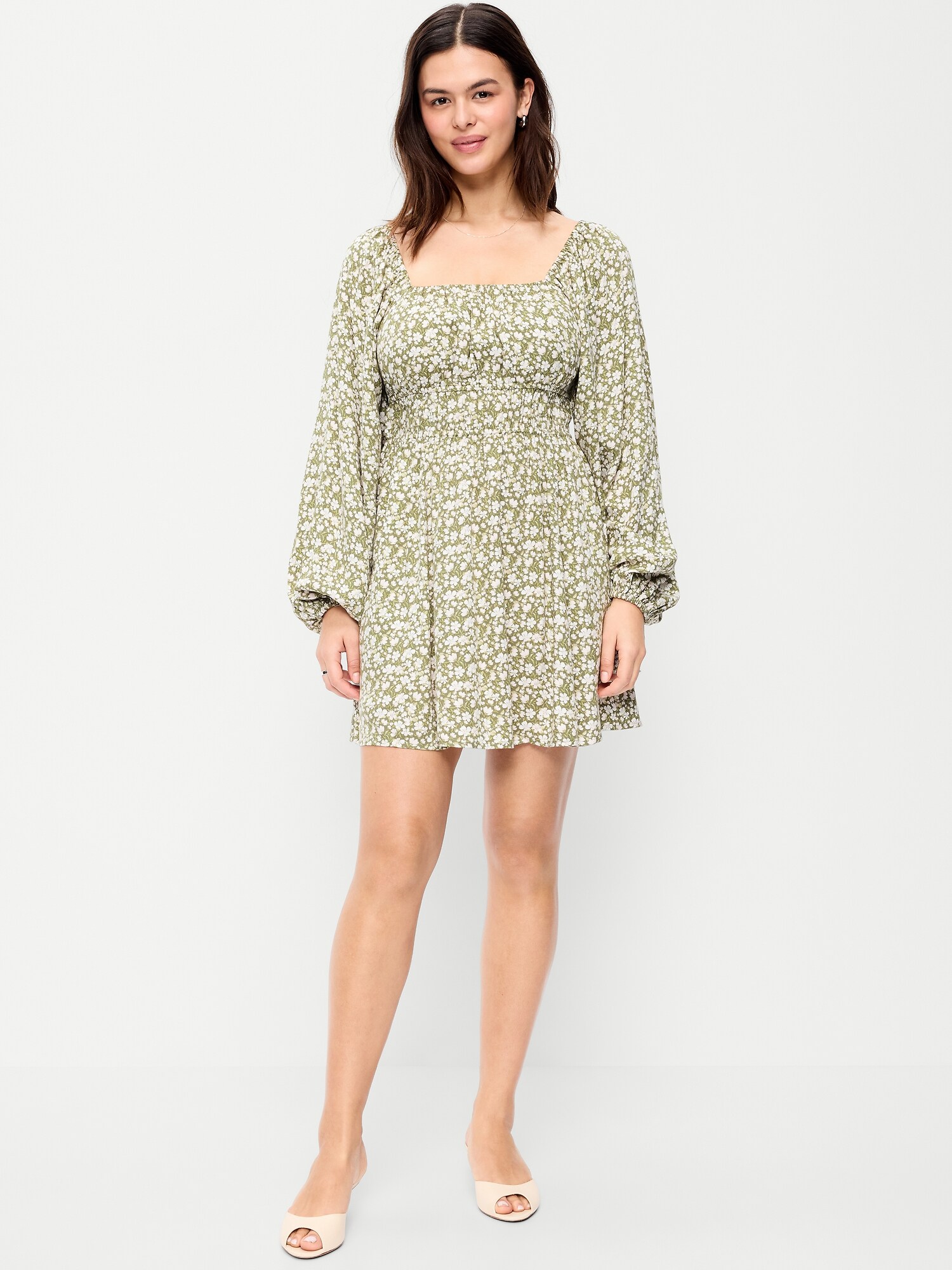 Женское платье Old Navy Long-Sleeve Square-Neck Mini, цвет: Зелёный с принтом — фото 6