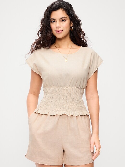 Image number 5 showing, Linen-Blend Short-Sleeve Smocked Top