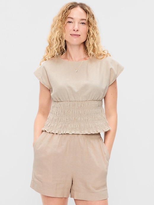 Image number 1 showing, Linen-Blend Short-Sleeve Smocked Top