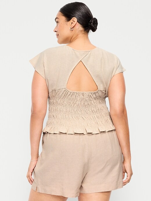 Image number 8 showing, Linen-Blend Short-Sleeve Smocked Top