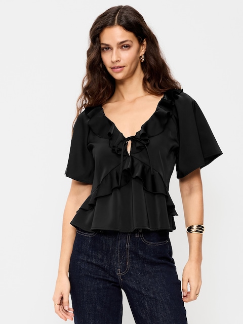 Satin Ruffle Tie-Front Top