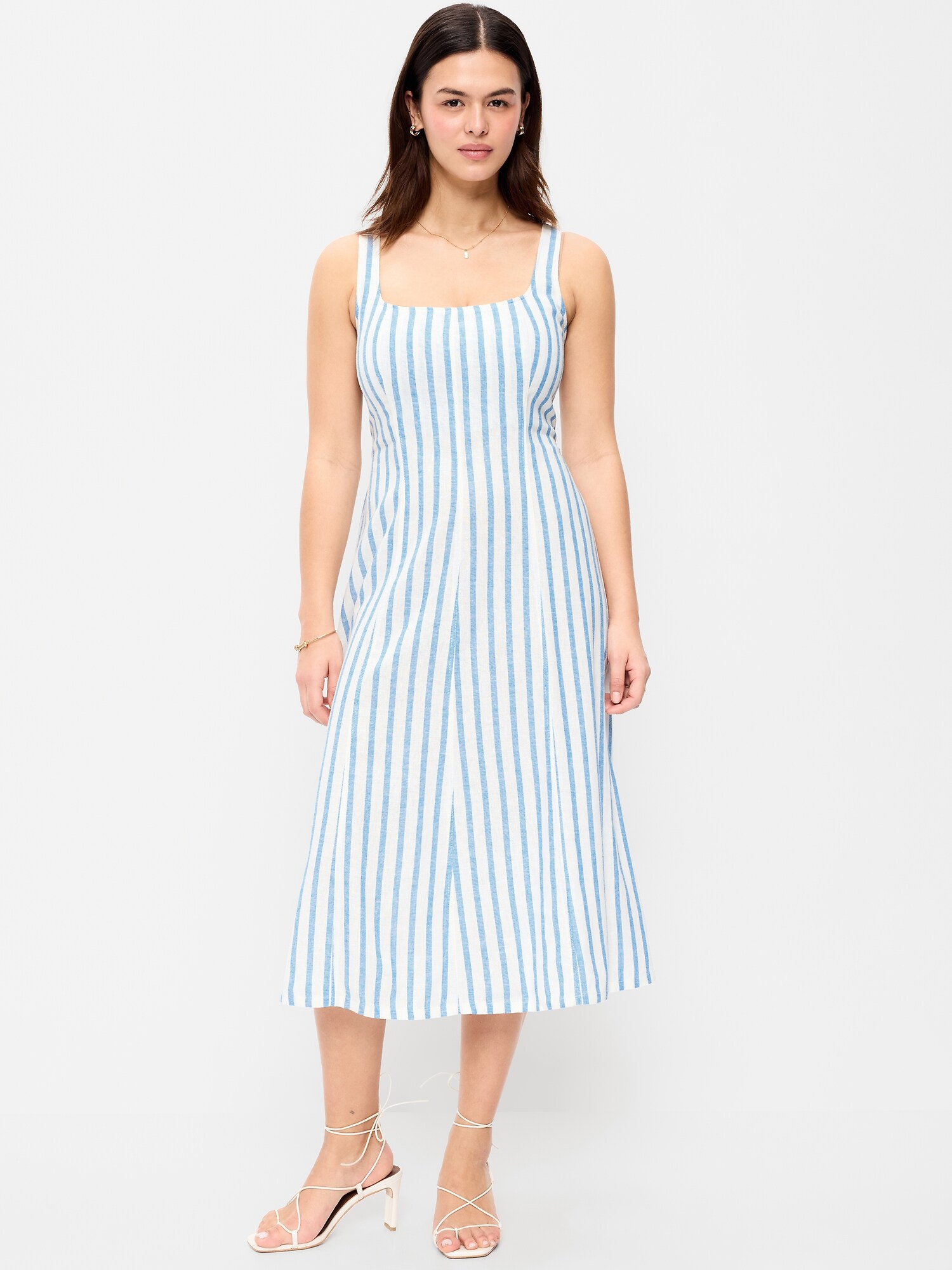 Женское платье Old Navy Fit & Flare Sleeveless Linen-Blend Midi, цвет: Синий / Белый — фото 6