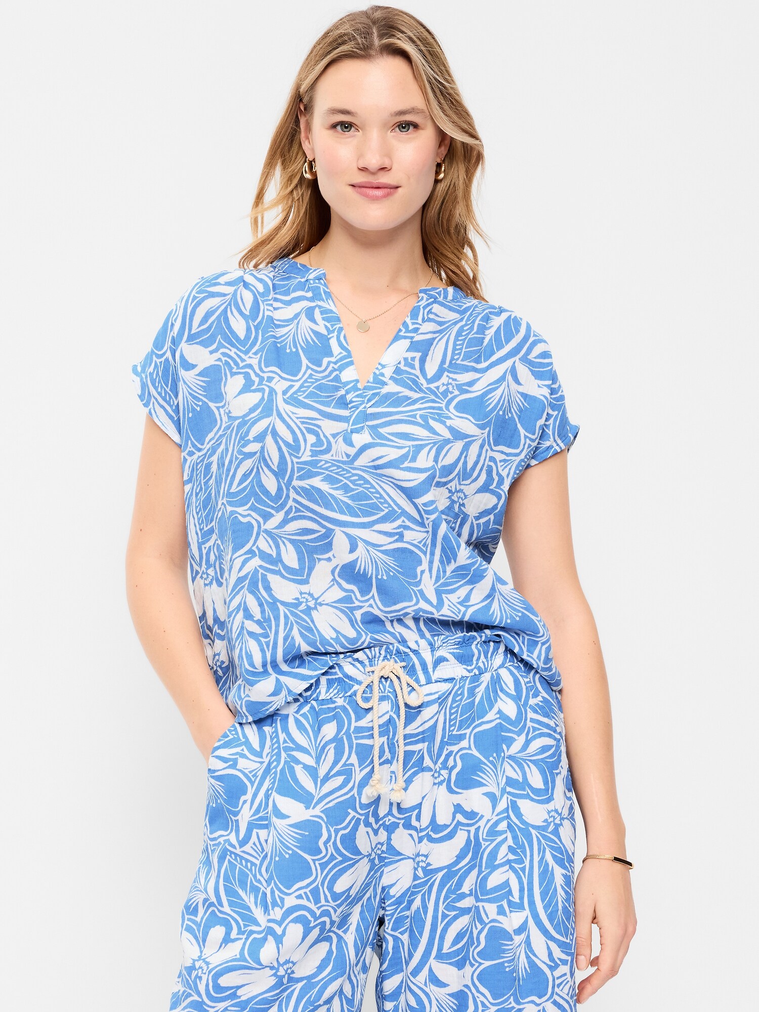 Женский топ Old Navy Short-Sleeve Crinkle Gauze Popover Top, цвет: Синий с принтом — фото 5