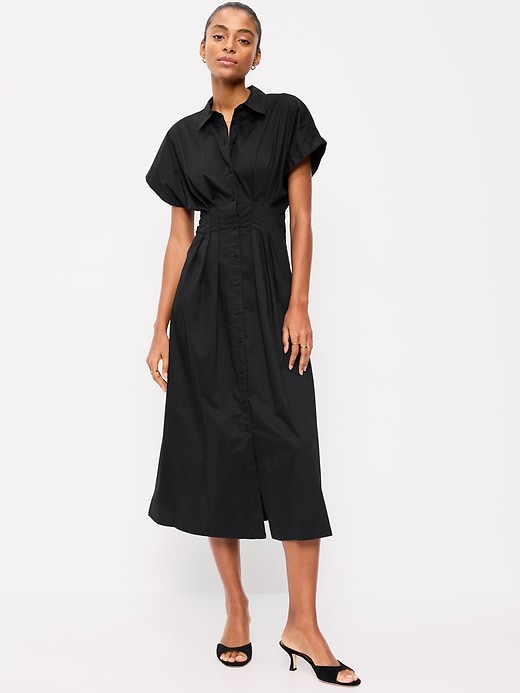Image number 1 showing, Smocked-Waist Midi Shirt Dress