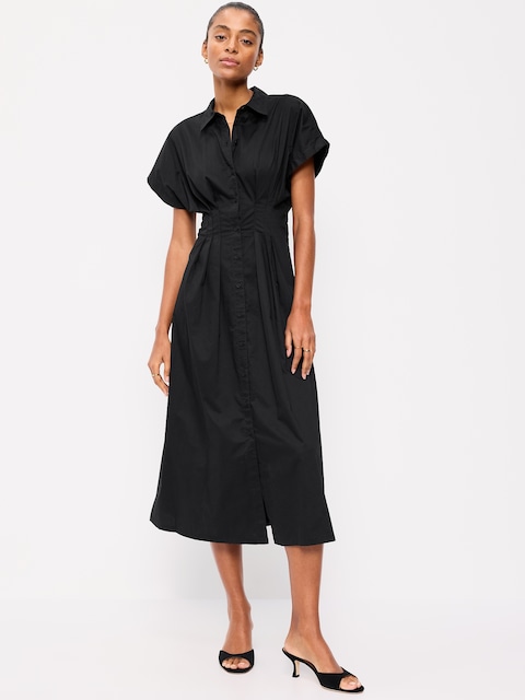 Smocked-Waist Midi Shirt Dress