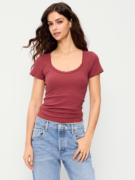 Image number 1 showing, Lace-Trim Sweetheart-Neck Ribbed Top