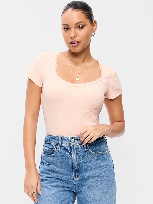 Image number 1 showing, Lace-Trim Sweetheart-Neck Ribbed Top