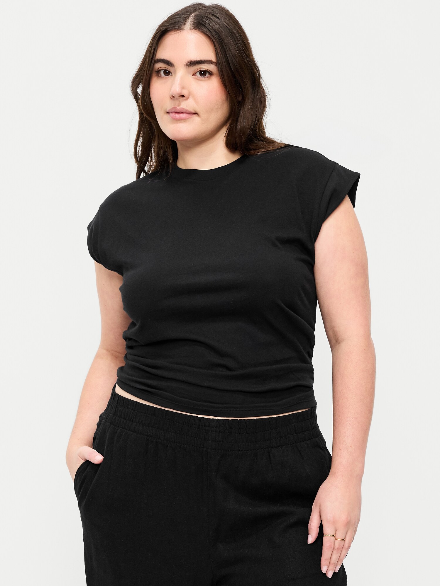 Женский топ Old Navy Cap-Sleeve Cinch-Waist Top, цвет: Чёрный — фото 5