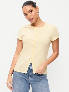 Short-Sleeve Ribbed Button-Down Top