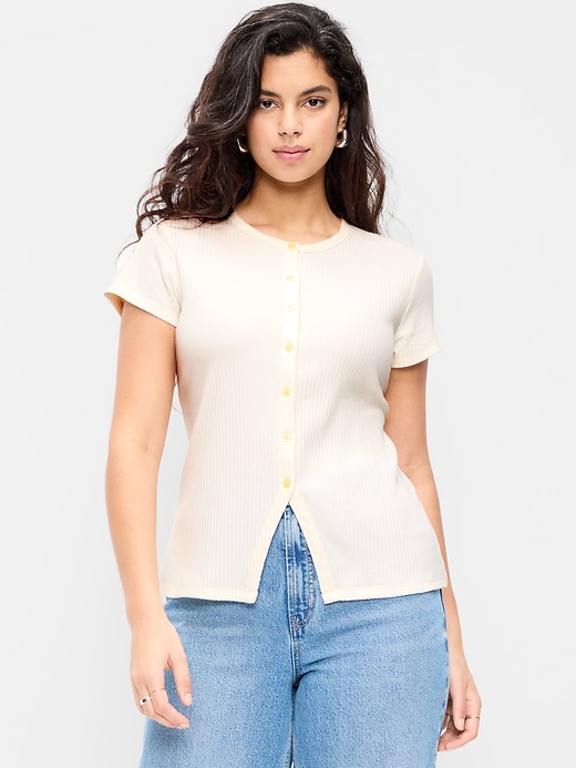 Image number 5 showing, Short-Sleeve Ribbed Button-Down Top