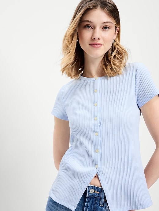 Image number 3 showing, Short-Sleeve Ribbed Button-Down Top