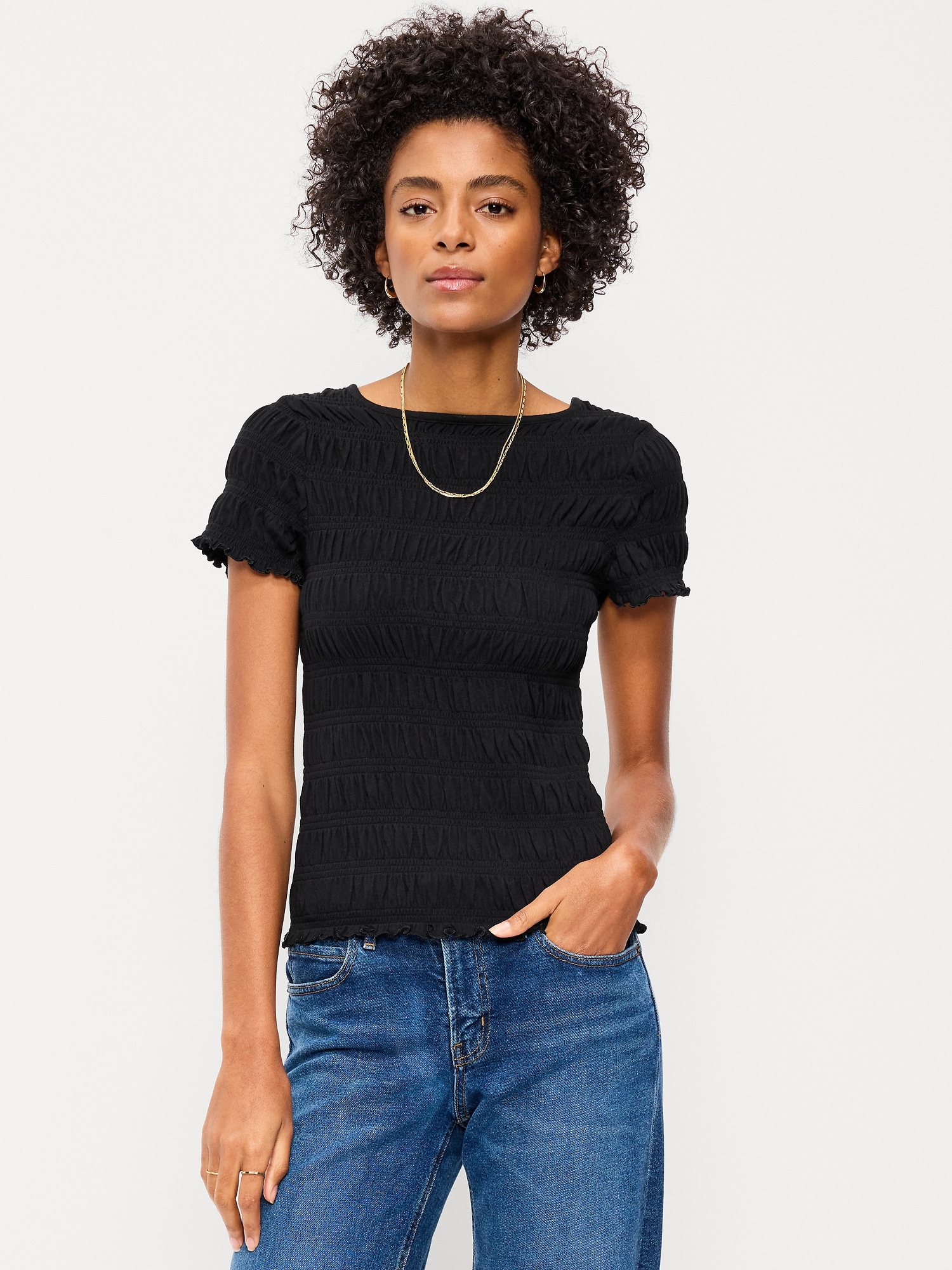 Slit-Neck Smocked Top