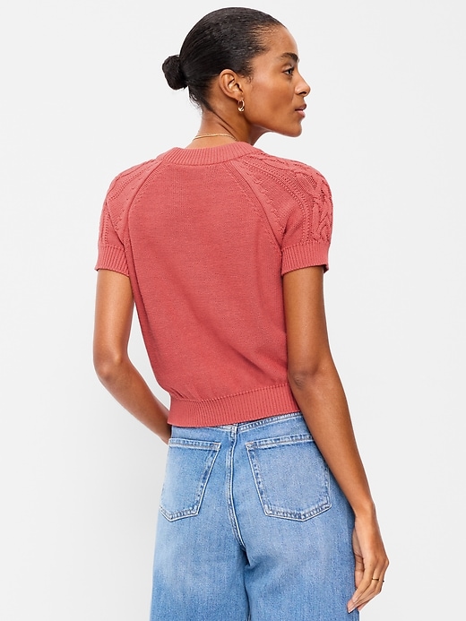 Image number 2 showing, Seaside Cotton Short-Sleeve Cable-Knit Cropped Sweater