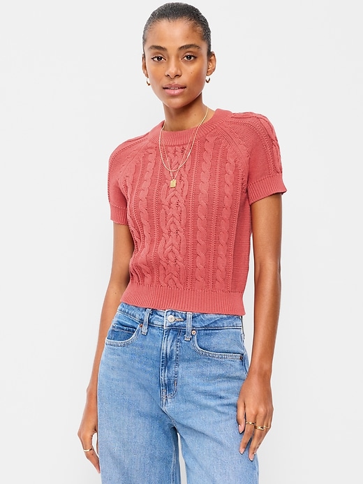 Image number 1 showing, Seaside Cotton Short-Sleeve Cable-Knit Cropped Sweater