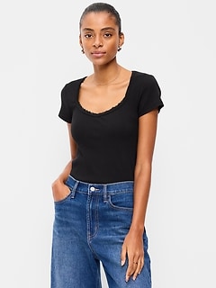 Lace-Trim Sweetheart-Neck Ribbed Top