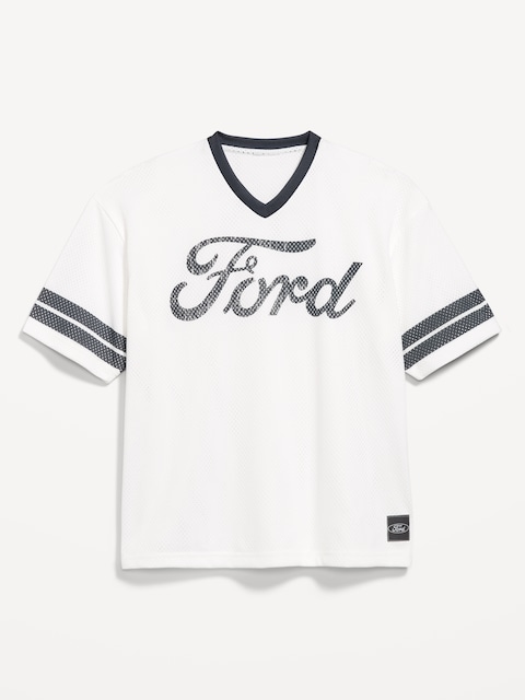 Licensed Graphic Cropped Mesh V-Neck T-Shirt