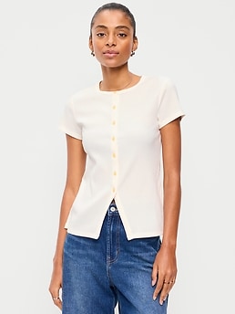 Short-Sleeve Ribbed Button-Down Top - image 3