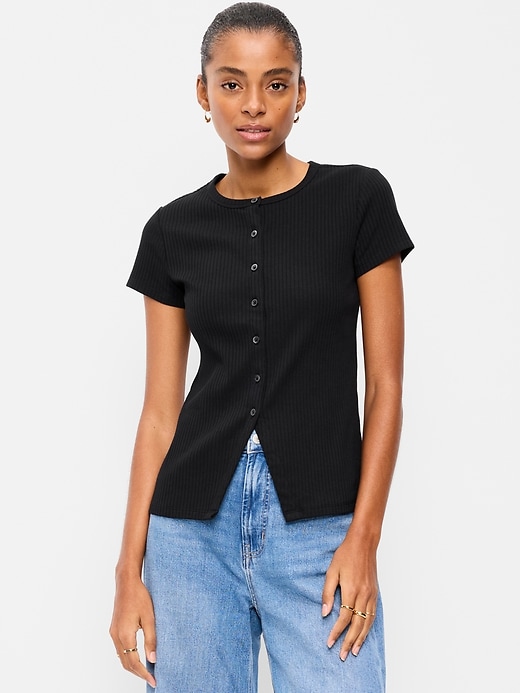 Image number 1 showing, Short-Sleeve Ribbed Button-Down Top