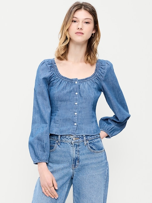 Image number 1 showing, Long-Sleeve Button-Down Jean Top