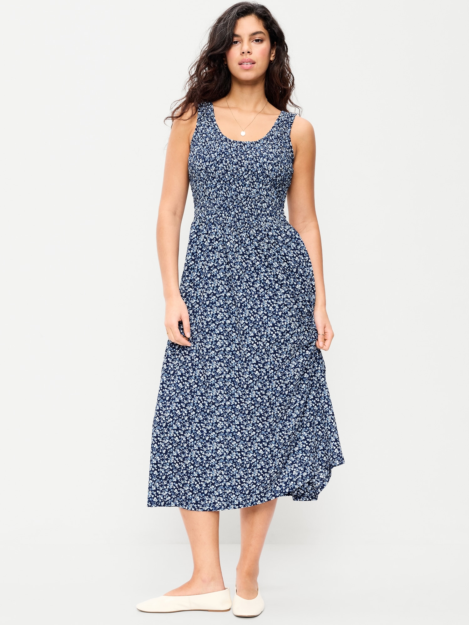 Fit & Flare Lightweight Smocked-Bodice Midi Dress