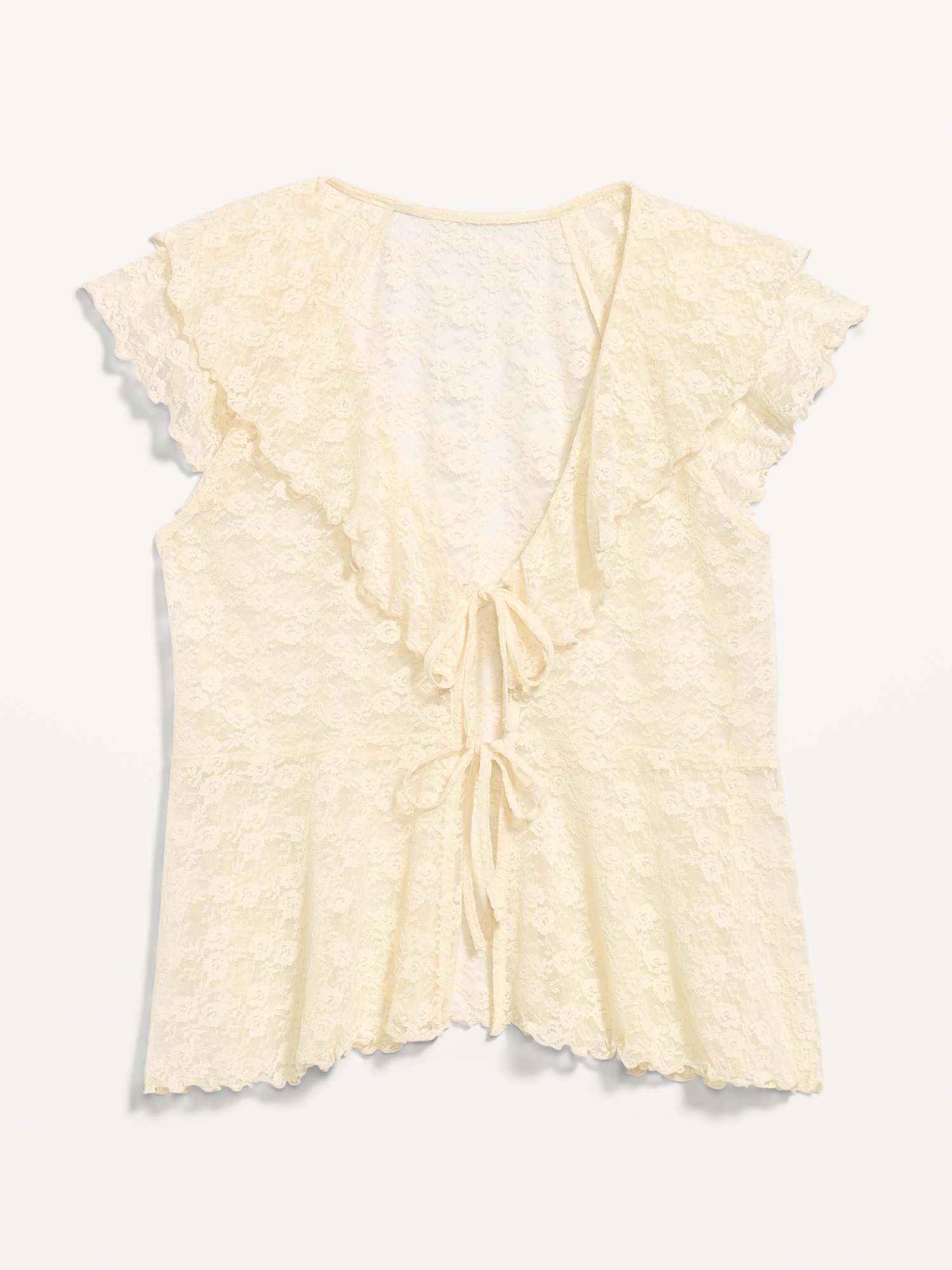 Short-Sleeve Open-Front Lace Ruffle Top