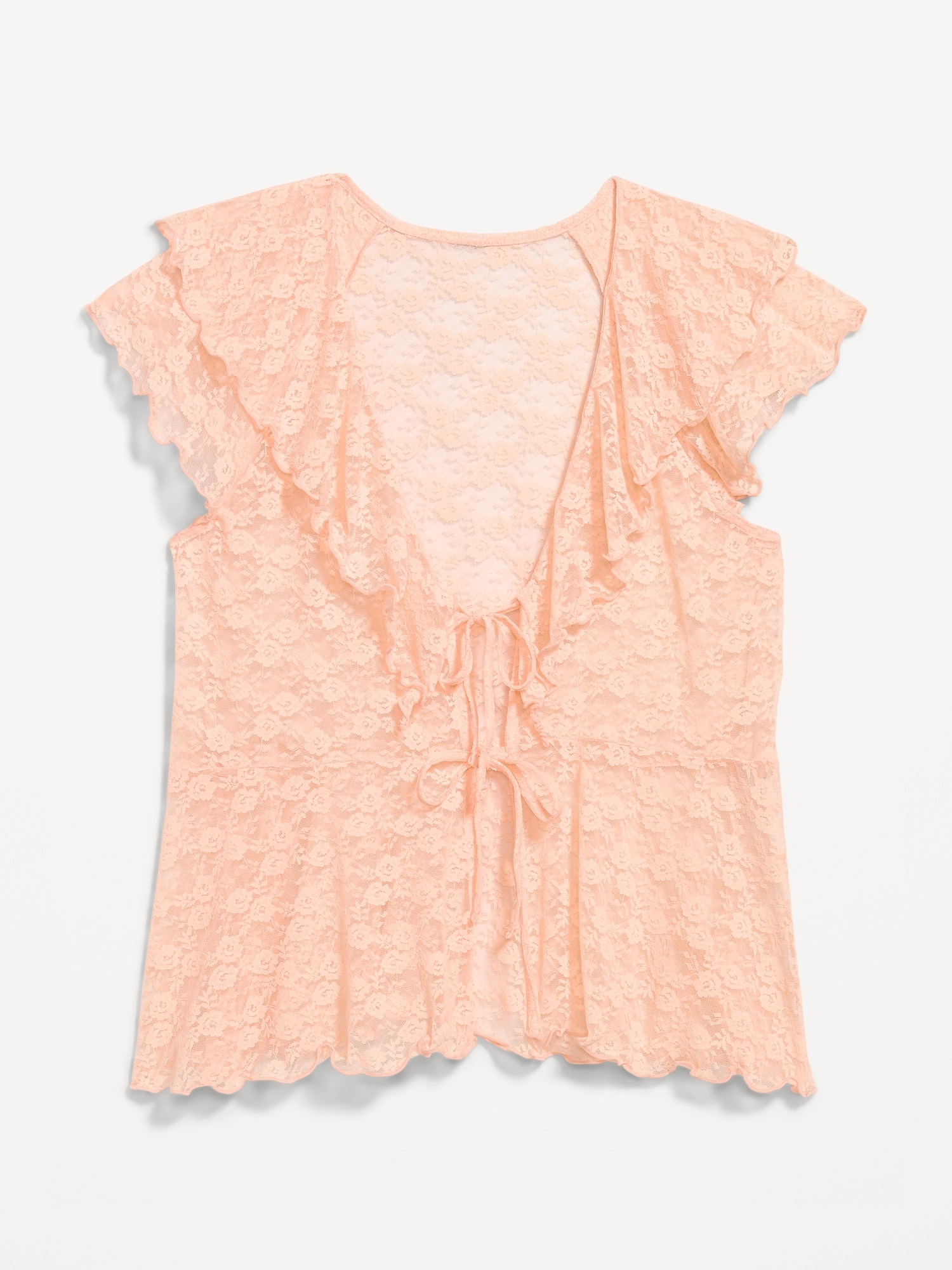 Short-Sleeve Open-Front Lace Ruffle Top