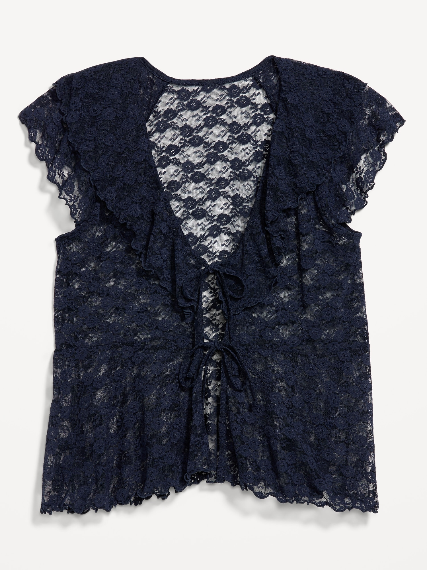 Short-Sleeve Open-Front Lace Ruffle Top