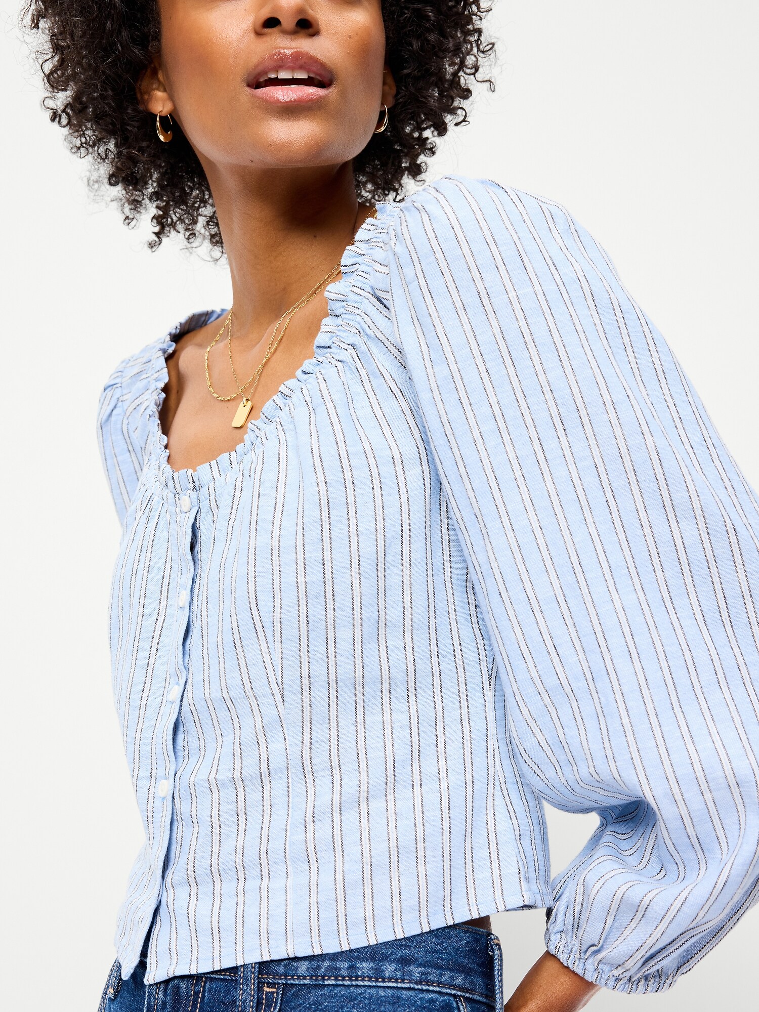 Женский топ Old Navy Long-Sleeve Button-Down Top, цвет: Синий полосатый — фото 4