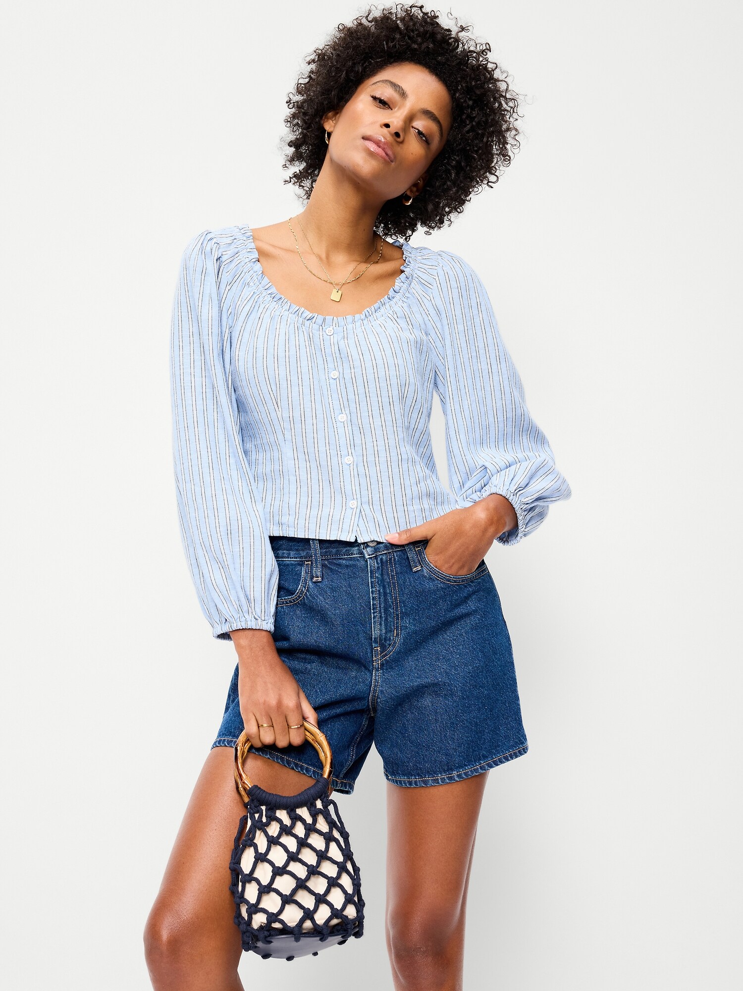 Женский топ Old Navy Long-Sleeve Button-Down Top, цвет: Синий полосатый — фото 3