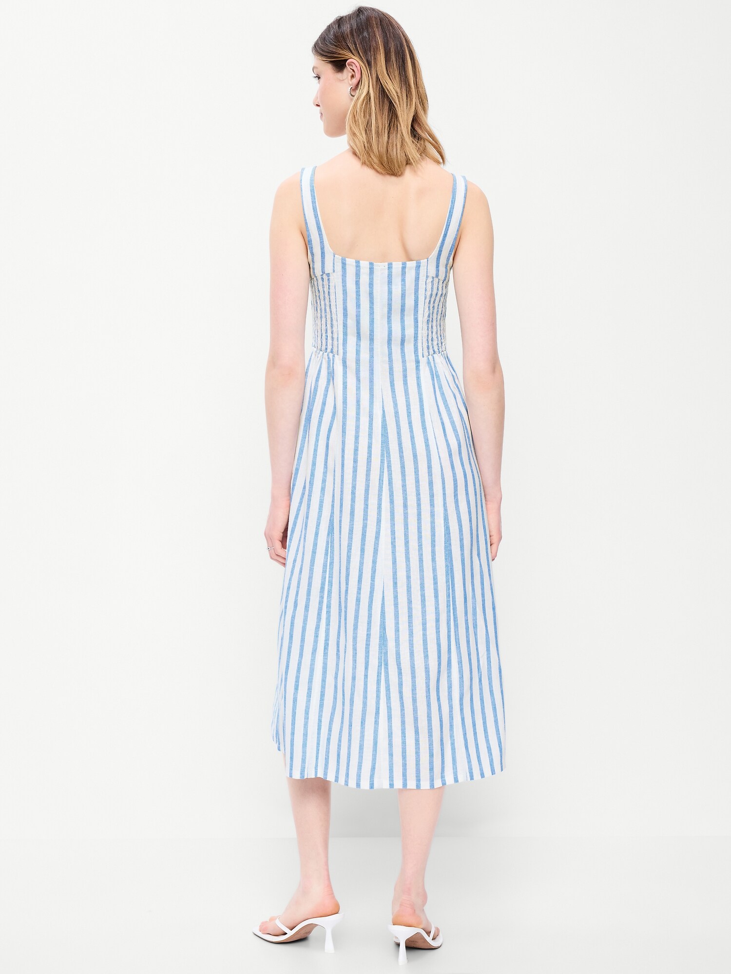 Женское платье Old Navy Fit & Flare Sleeveless Linen-Blend Midi, цвет: Синий / Белый — фото 2