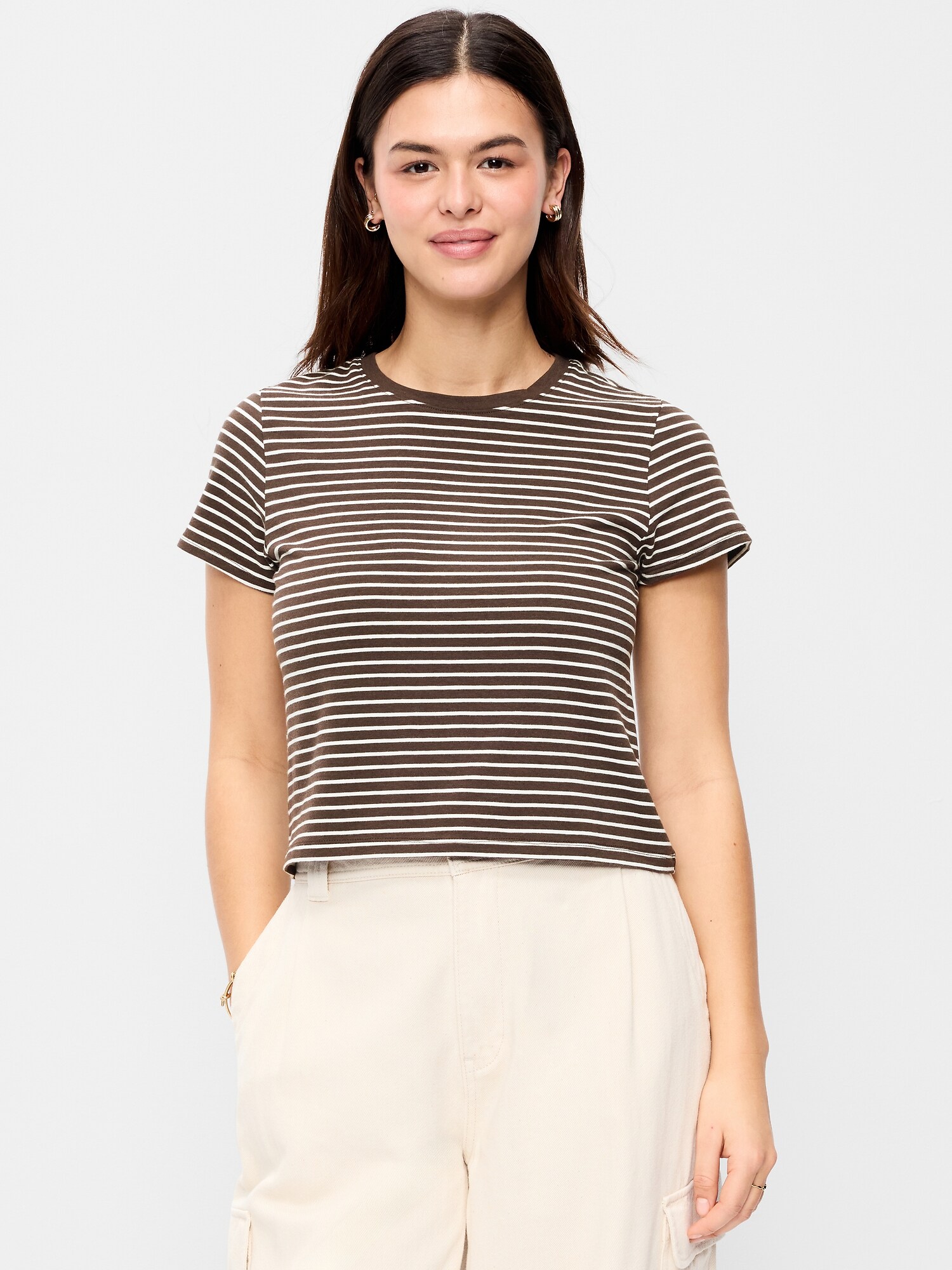 Женская футболка Old Navy Bestee Crew-Neck, цвет: Земляной коричневый полосатый — фото 5