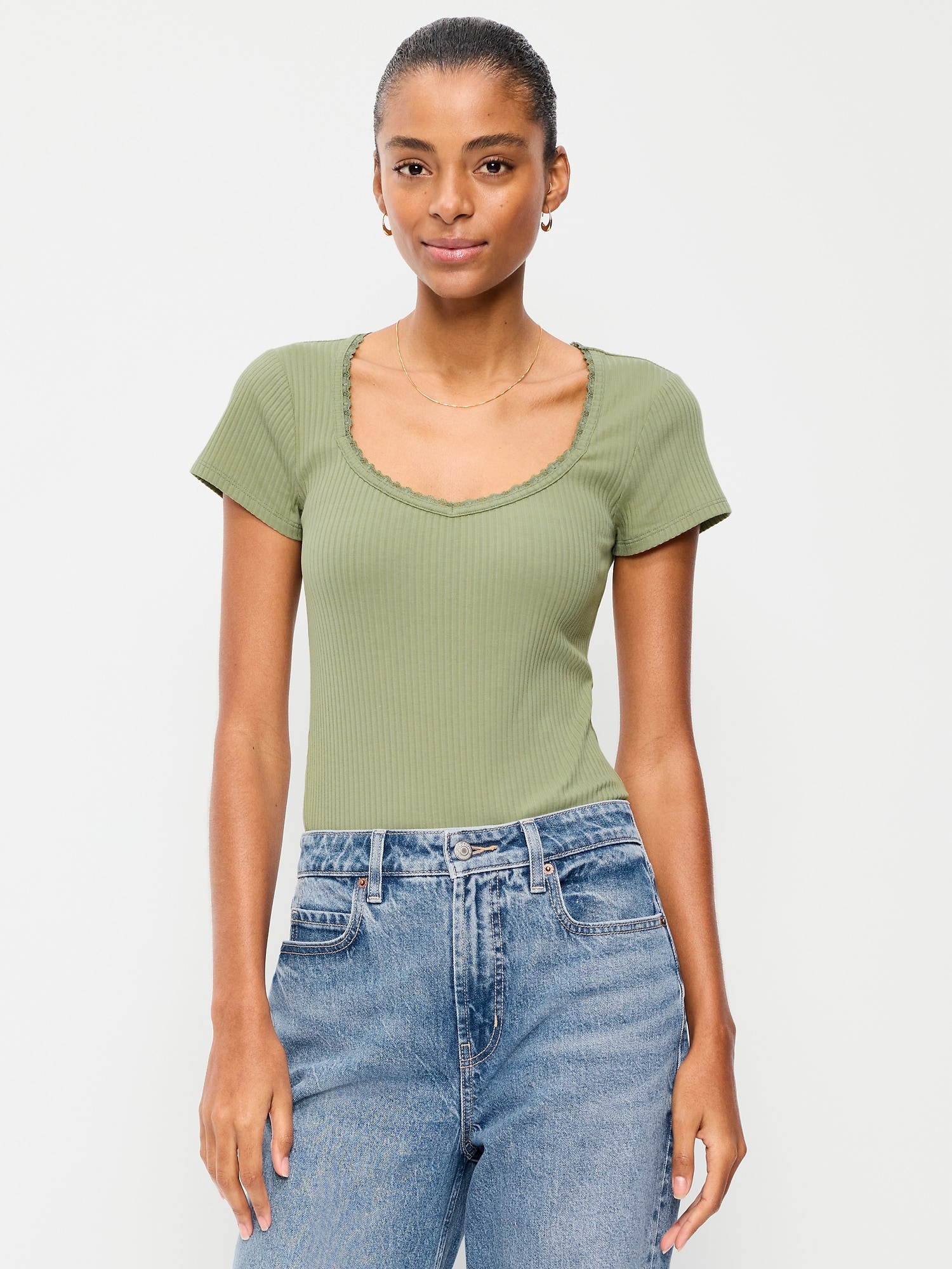 Lace-Trim Sweetheart-Neck Ribbed Top