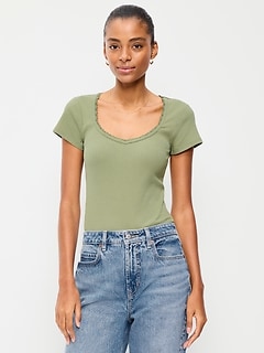 Lace-Trim Sweetheart-Neck Ribbed Top