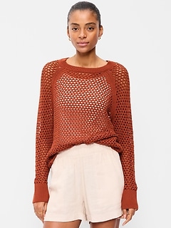 Seaside Cotton Open-Knit Raglan Sweater