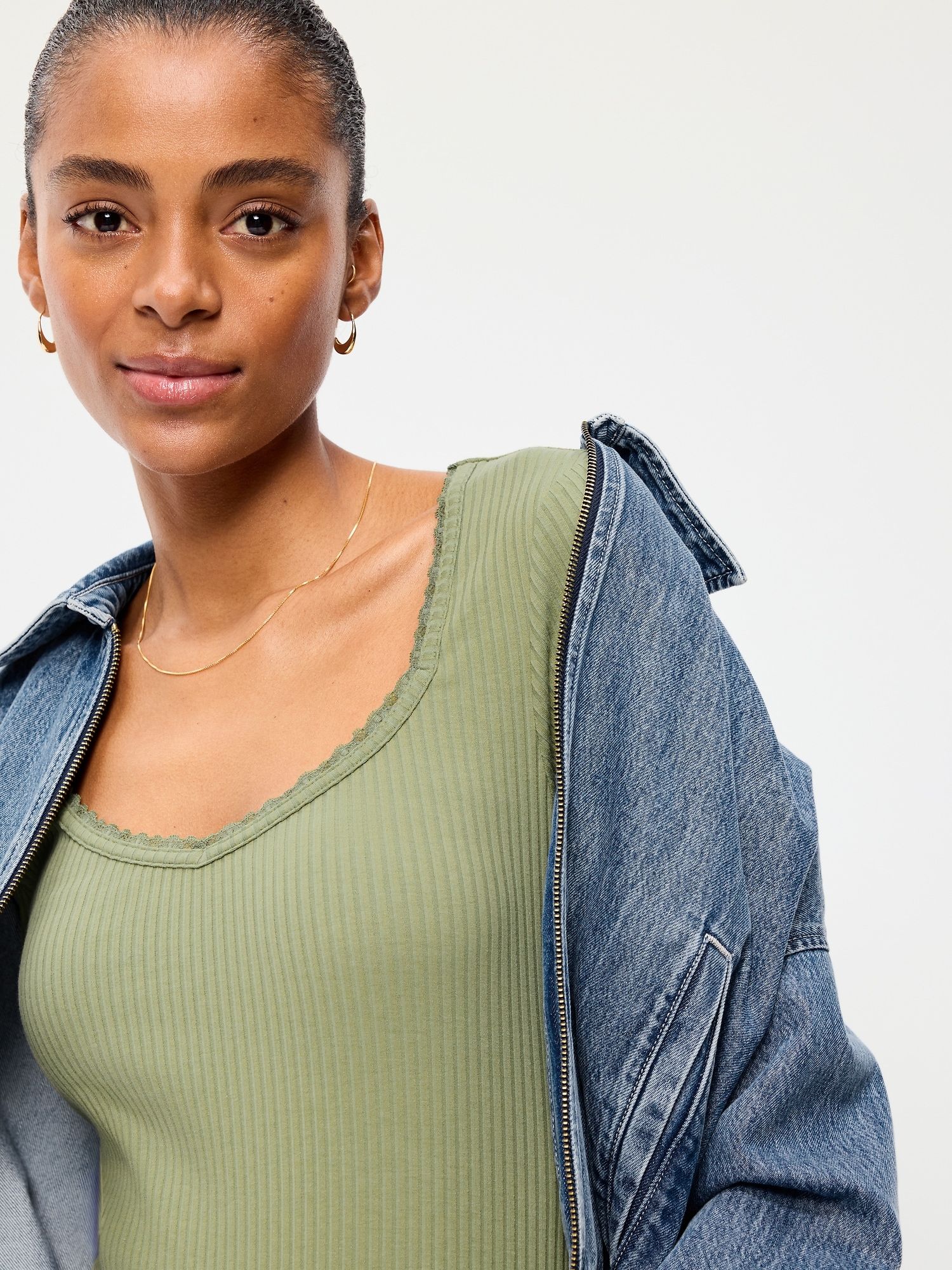 Lace-Trim Sweetheart-Neck Ribbed Top