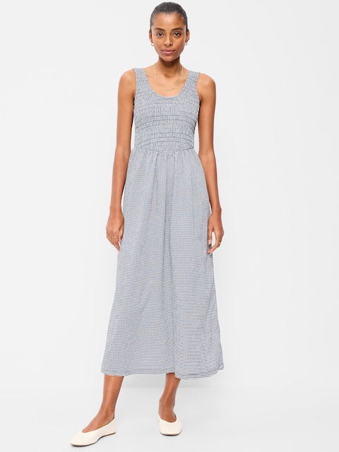 Fit & Flare Sleeveless Smocked-Bodice Midi Dress