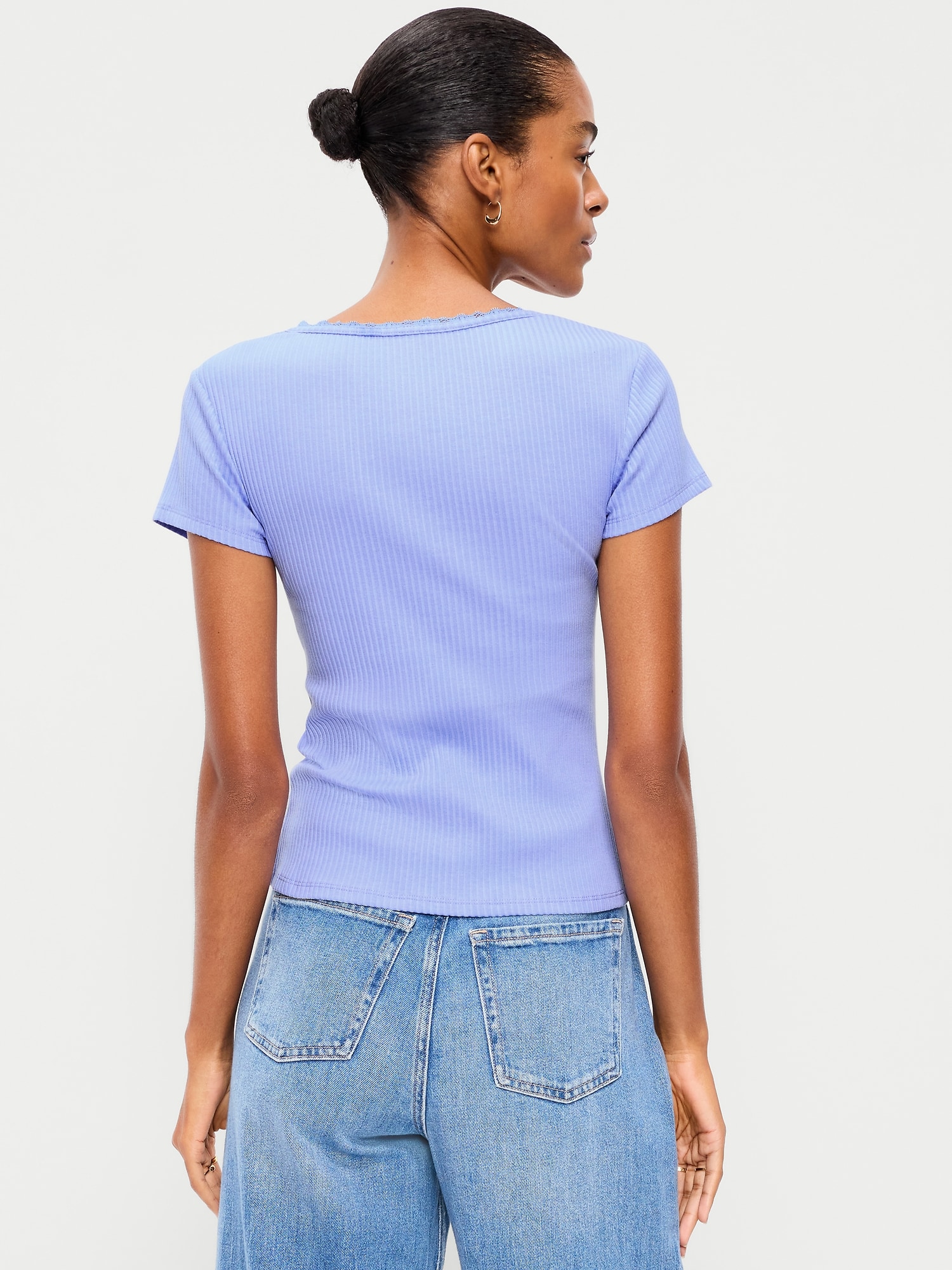 Lace-Trim Sweetheart-Neck Ribbed Top