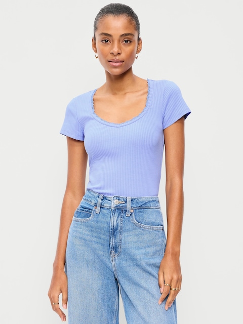 Lace-Trim Sweetheart-Neck Ribbed Top