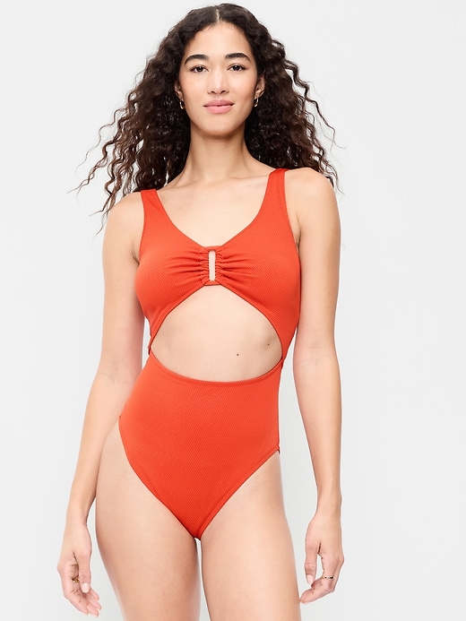 Image number 1 showing, Textured One-Piece Cut-Out Swimsuit