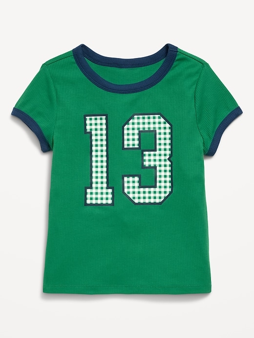 Image number 1 showing, Fitted Short-Sleeve Ribbed Graphic Ringer T-Shirt for Girls