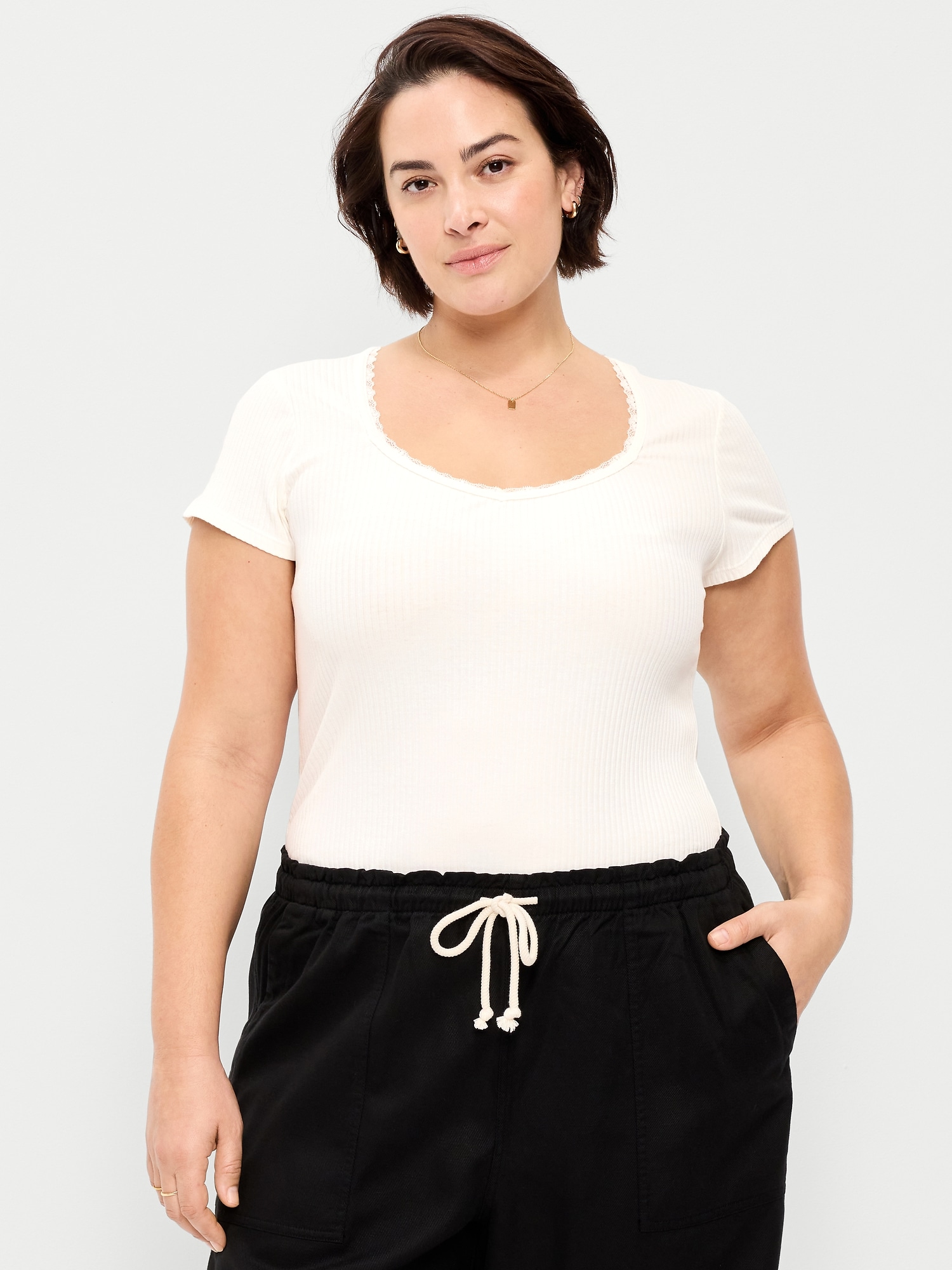 Lace-Trim Sweetheart-Neck Ribbed Top