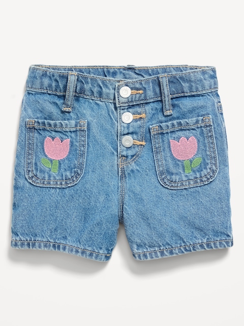 High-Waisted Embroidered Mariner Jean Shorts for Toddler Girls