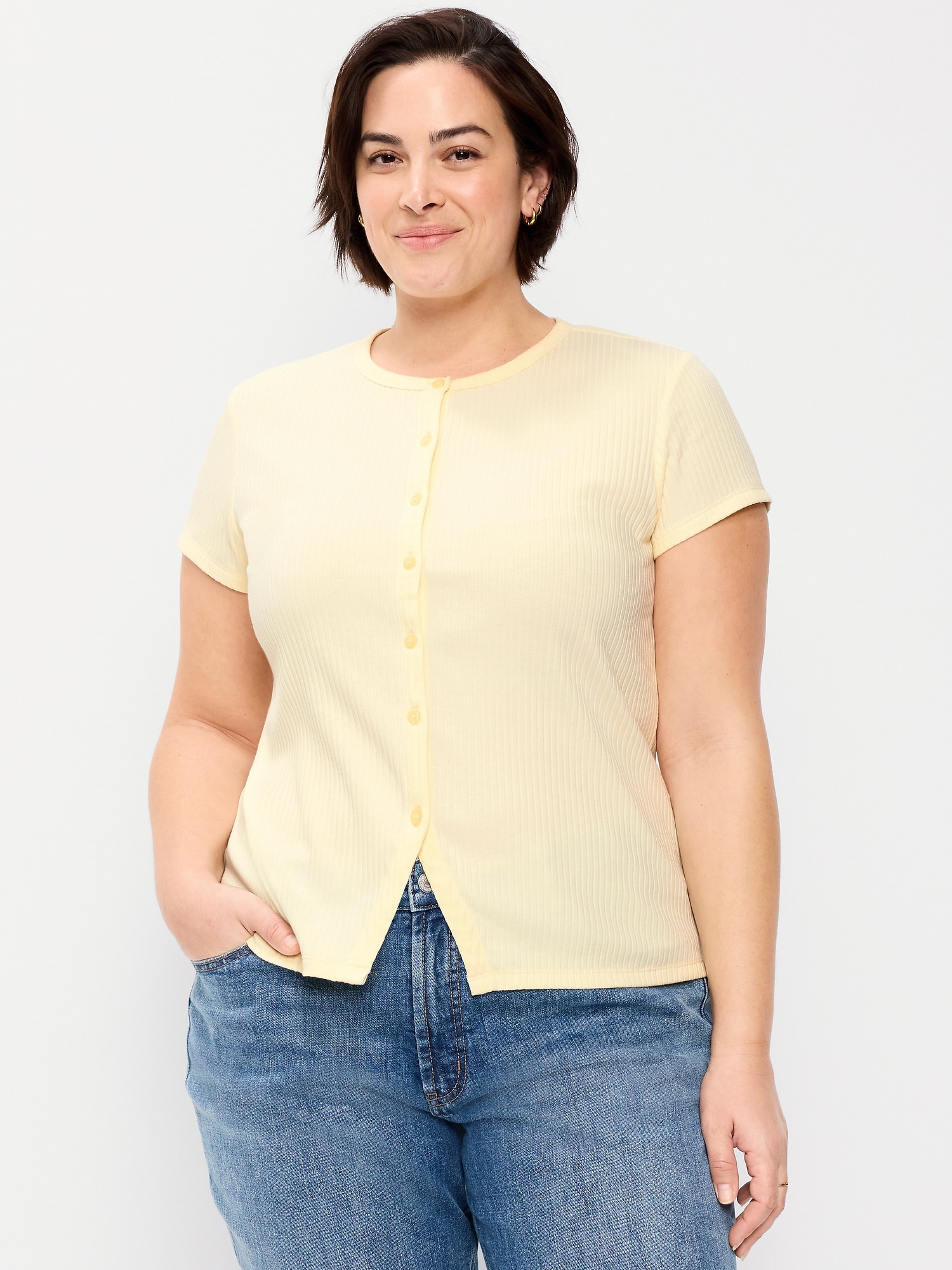 Short-Sleeve Ribbed Button-Down Top