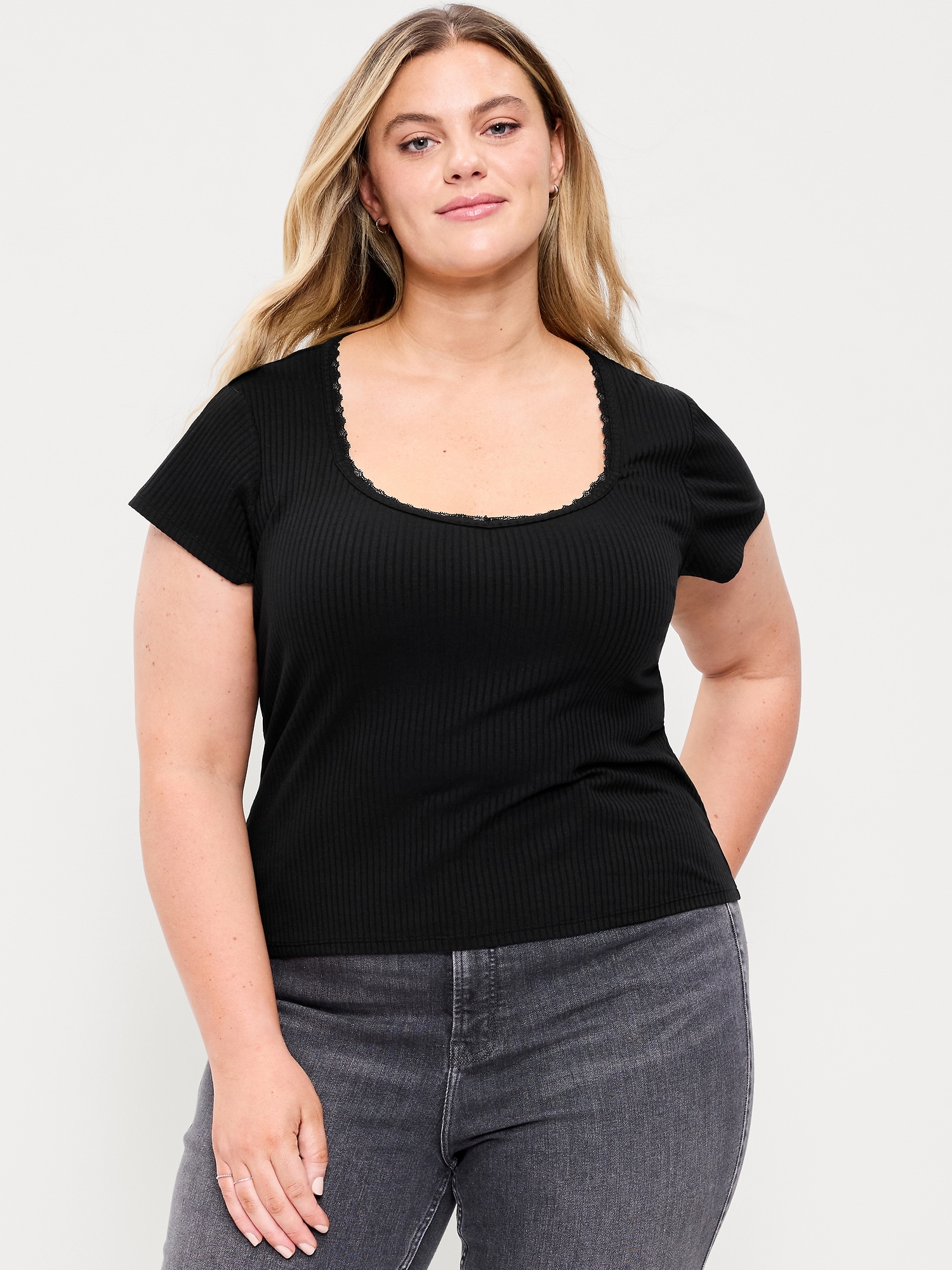 Lace-Trim Sweetheart-Neck Ribbed Top