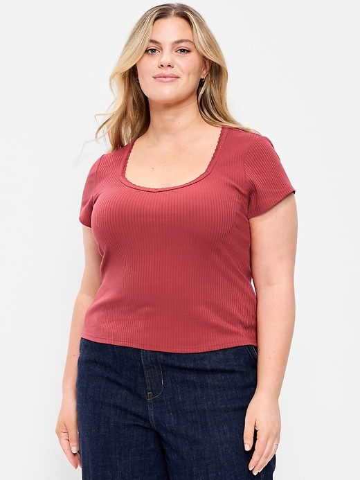 Image number 8 showing, Lace-Trim Sweetheart-Neck Ribbed Top