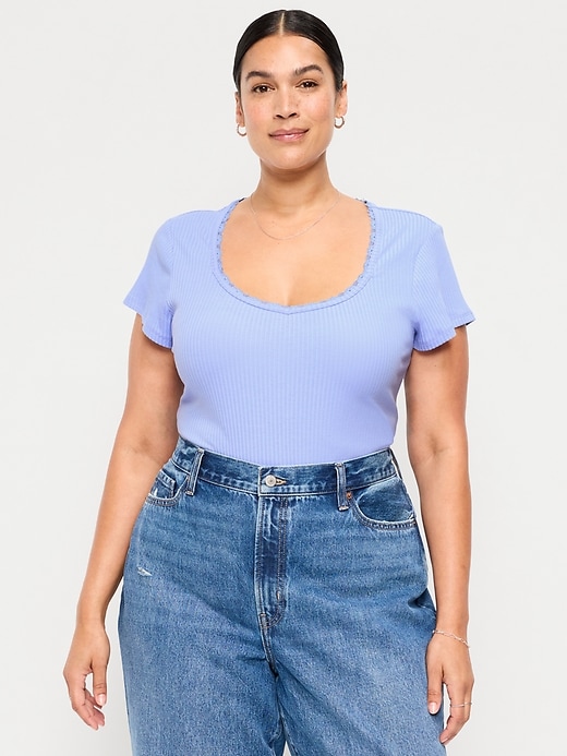 Image number 8 showing, Lace-Trim Sweetheart-Neck Ribbed Top