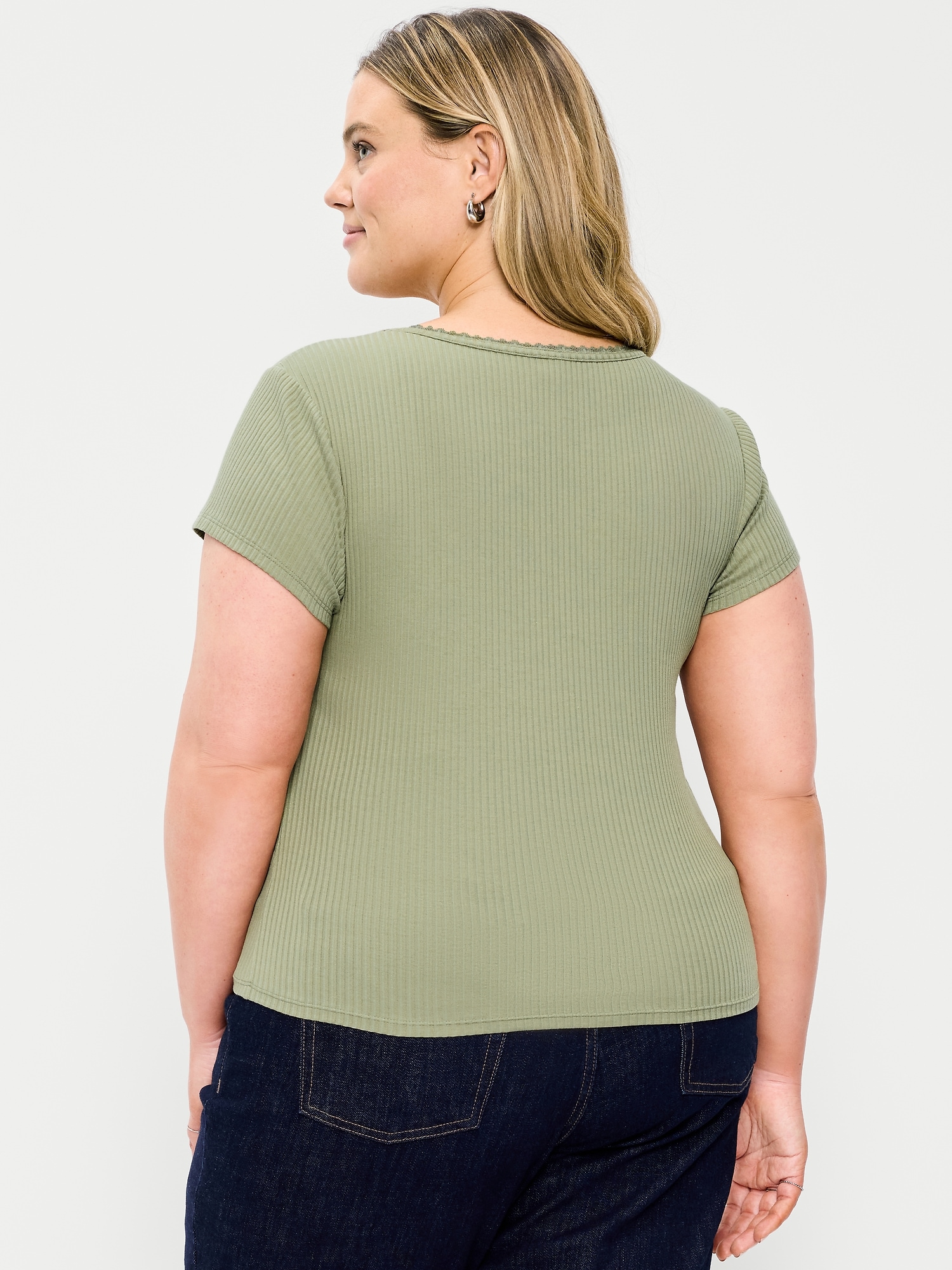 Lace-Trim Sweetheart-Neck Ribbed Top