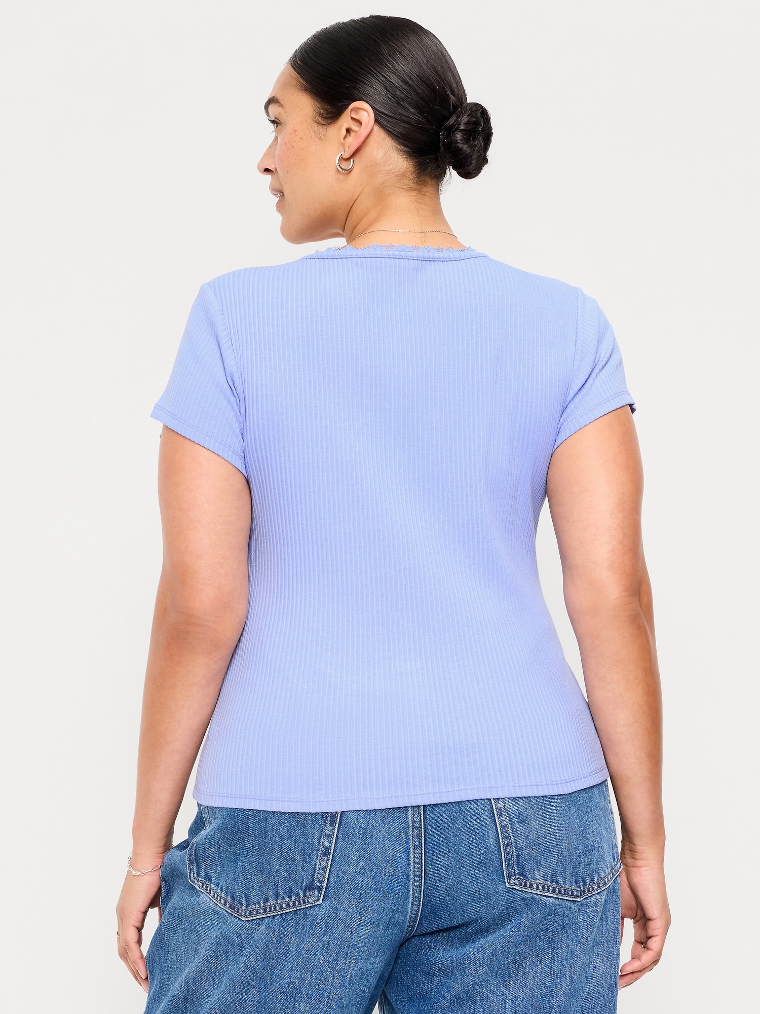 Lace-Trim Sweetheart-Neck Ribbed Top