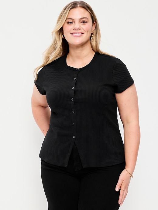 Image number 7 showing, Short-Sleeve Ribbed Button-Down Top