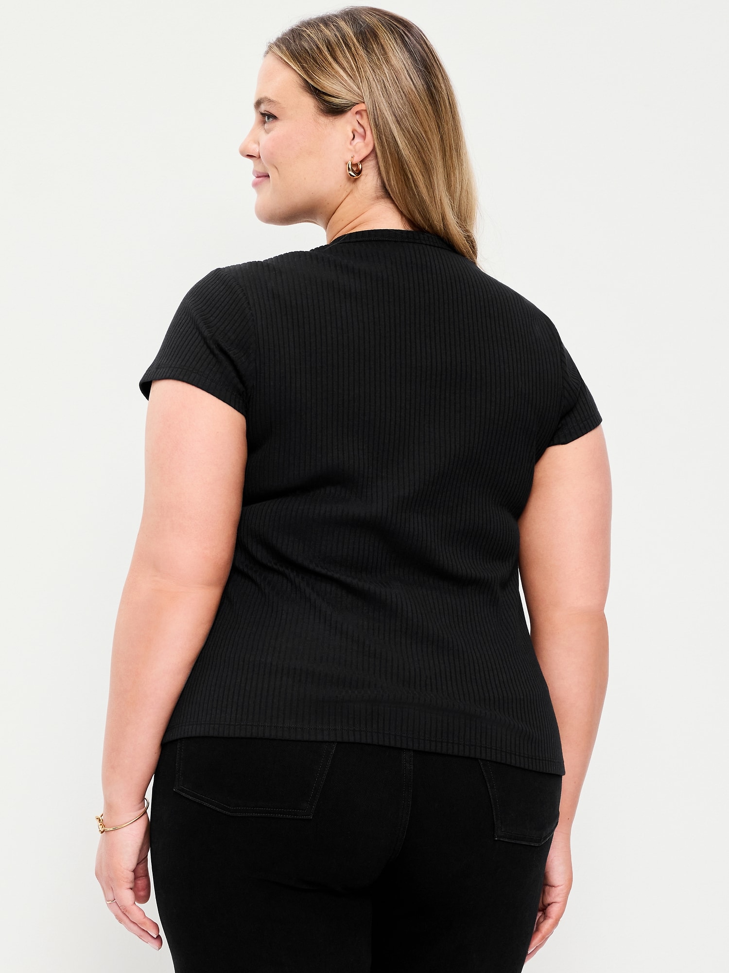 Short-Sleeve Ribbed Button-Down Top